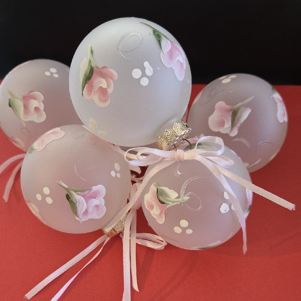 Charming Floral Hand-Painted Ornaments - Pink and White